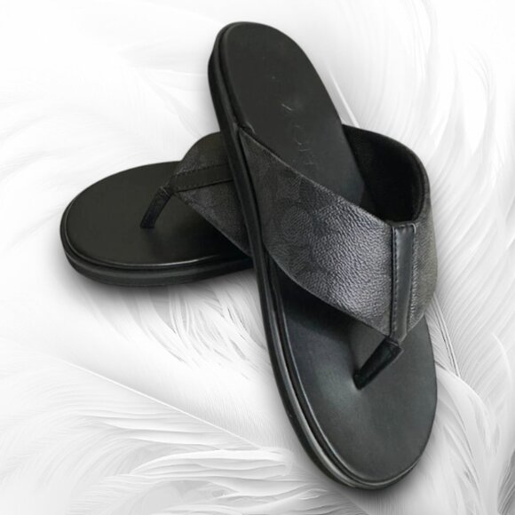 Men’s Black Leather Flip-Flops COACH Signature Slide Sandals - Picture 1 of 5